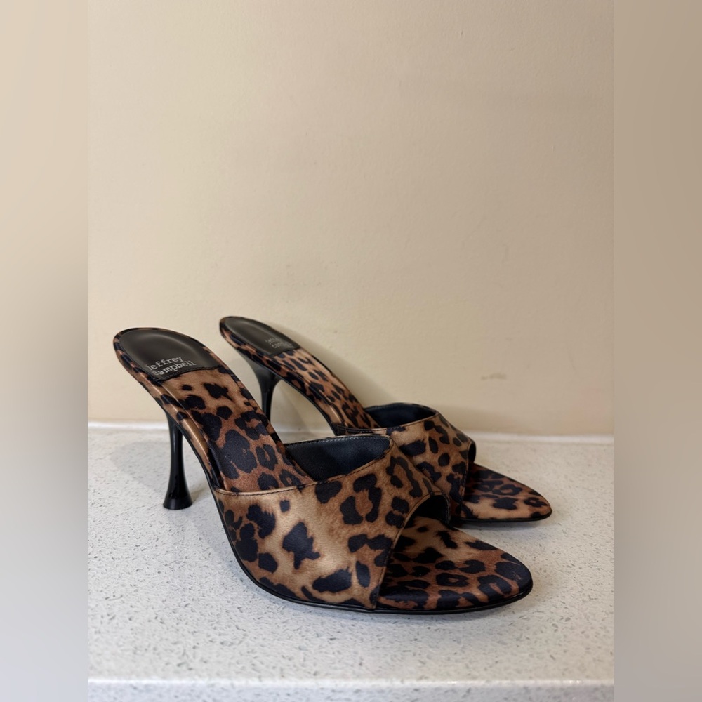 JEFFREY CAMPBELL Beige Black Cheetah Satin Animal Print Heeled Mules
